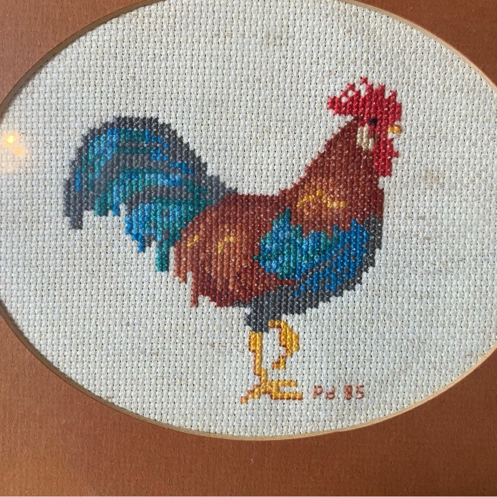 2 Vintage Handmade Cross Stitch Rooster & Chicken Wood Frame Cottagecore 11”x9” - Picture 4 of 10